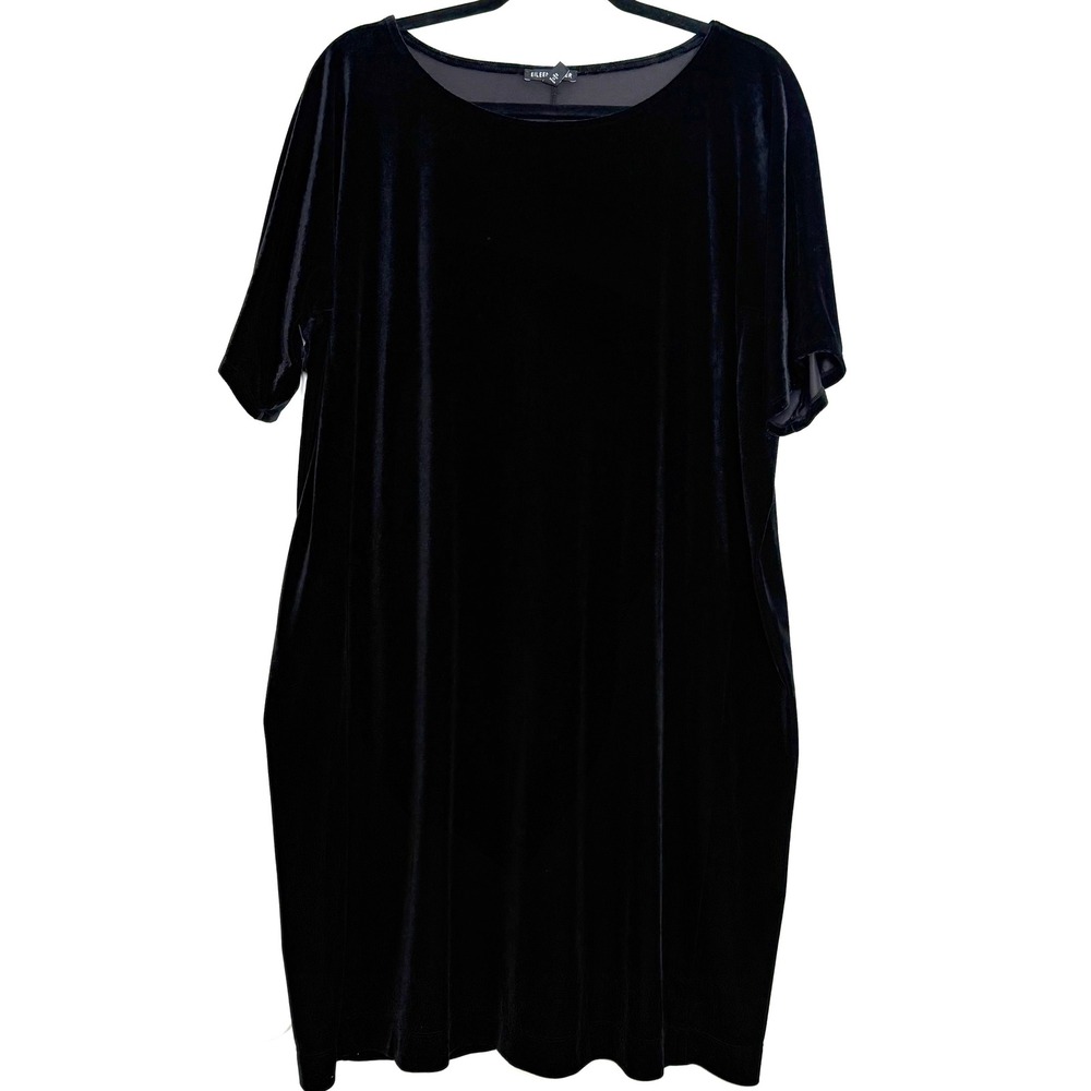 Eileen Fisher Black Stretch Velvet Shift Dress L Quiet Luxury
